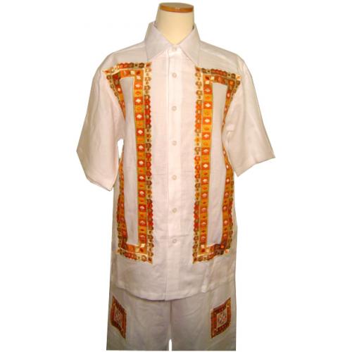 Prestige 100% Linen White/Gold/Red 2 Pc Outfit # PAT7310